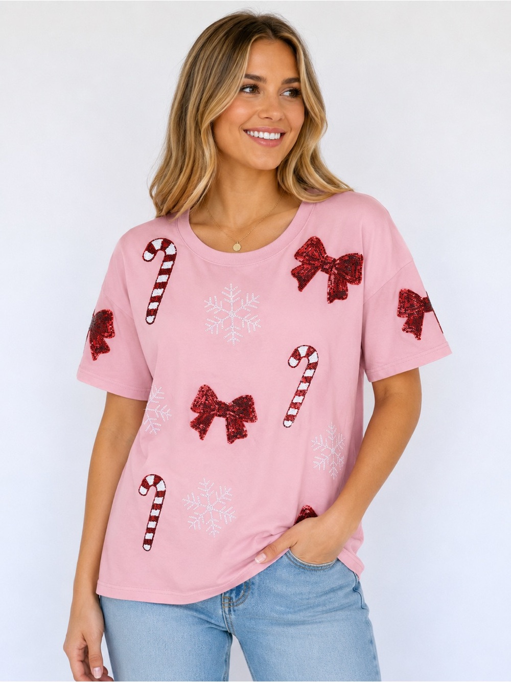 Meow Boutique Pink Christmas Sequin Candy Cane Bow Tee XL